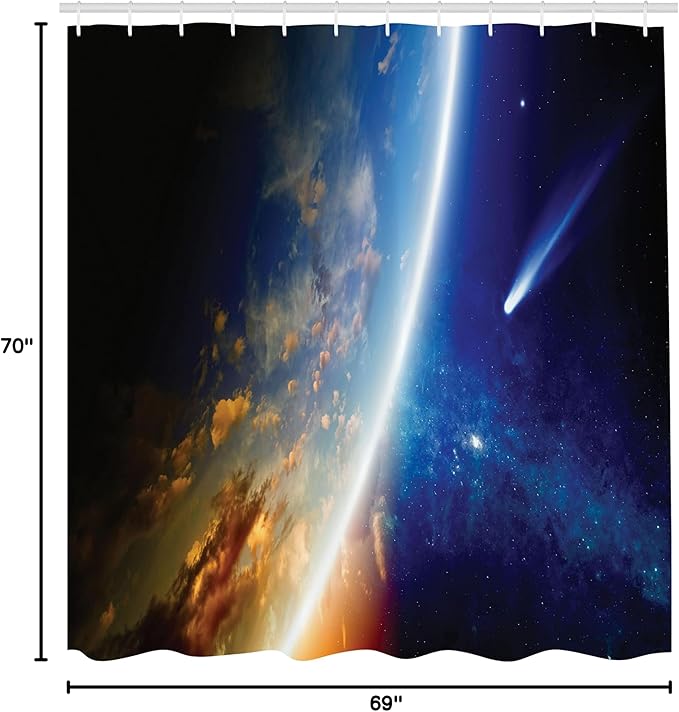 Ambesonne Outer Space Shower Curtain, Comet Approaches Planet Earth Nebula and Stars in Space Picture, Cloth Fabric Bathroom Decor Set with Hooks, 69" W x 70" L, Navy Blue Marigold White