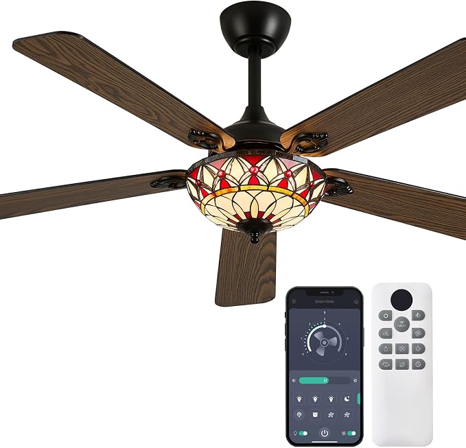 52" Tiffany Style Ceiling Fans with Lights, Vintage Chandelier Ceiling Fan with Stained Glass Shade, Dimmable LED, 6 Speeds Reversible for Bedroom (Red Petal)