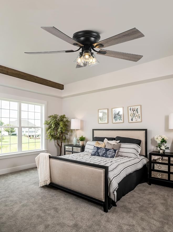 52" Flush Mount Farmhouse Ceiling Fan with Lights and Remote, Rustic Vintage Ceiling Fan Antique Fandelier 3-Lights 5 Reversible Blades Chandelier for Bedroom Living Room Dining Room