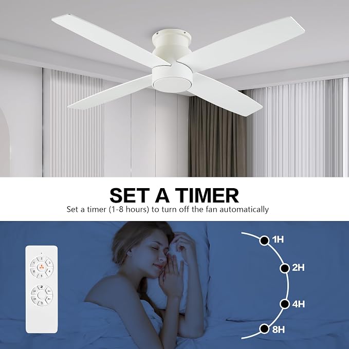 WINGBO 52" Flush Mount DC Ceiling Fan without Lights, 4 Reversible Blades, Ultra Quiet 6-Speed DC Motor, Hugger Low Profile Indoor Ceiling Fan No Lights, White Finish