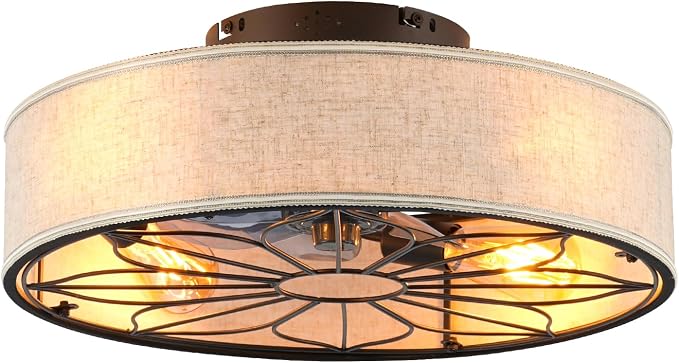 20" Flush Mount Caged Ceiling Fan With Light,Low Profile Fabric Farmhouse Bladeless Ceiling fan With Remote Control,Ceiling Fans with 6 Speeds Reversible Silent Fandalier for Bedroom