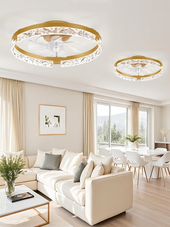 LEDIARY 2 Pack 20 Inch Ceiling Fans with Lights and Remote, Fandelier Modern Low Profile Ceiling Fan, 3000K-6000K Dimmable LED Fan Light, Gold Flush Mount Ceiling Fans with Lights for Bedroom