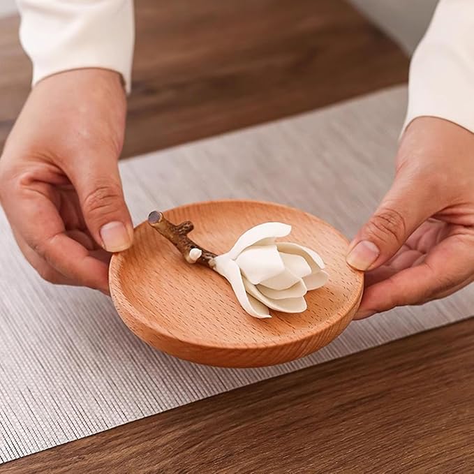 WAYUTO Vivid Magnolia Flower Incense Holder with Wood Tray Ceramic Incense Burner Decorative Incense Stick Burner Ash Catcher for Home Decoration