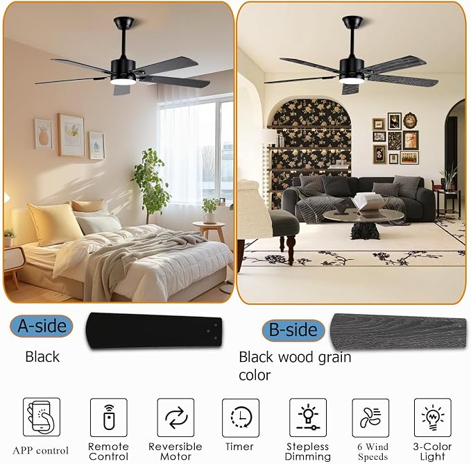 FUMLTP 52 inch Modern Ceiling Fans with Lights APP/Remote Control, Low Profile Reversible 6 Speeds Ceiling Fan Light for Indoor/Outdoor Patio Bedroom Living Room,Black