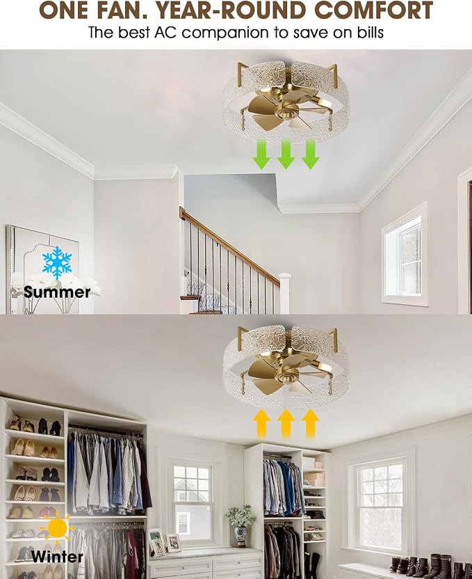 20 Inch Modern Gold Ceiling Fan with Light, Flush Mount Fandelier with Remote Control, Quiet Reversible DC Motor, Low Profile Ceiling Fans for Bedroom Living Room Nursery