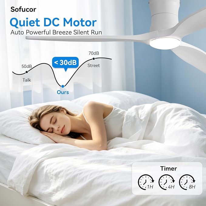 Sofucor 52 Inch Low Profile Ceiling Fan with Lights and Remote | Outdoor Modern Flush Mount, 6-Speed 3-CCT with Timer, 3 Wood Blades, For Bedroom Living Room Patios