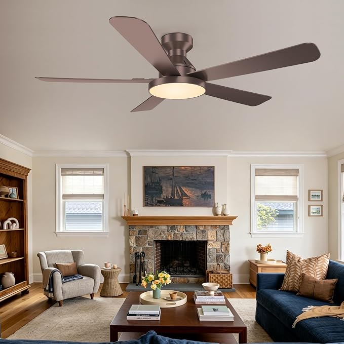 Ceiling Fans with Lights, 52 inch Low Profile Ceiling Fan with Light, Remote/App Control, Flush Mount Modern Ceiling Fan for Bedroom, Indoor/Outdoor (Brown)
