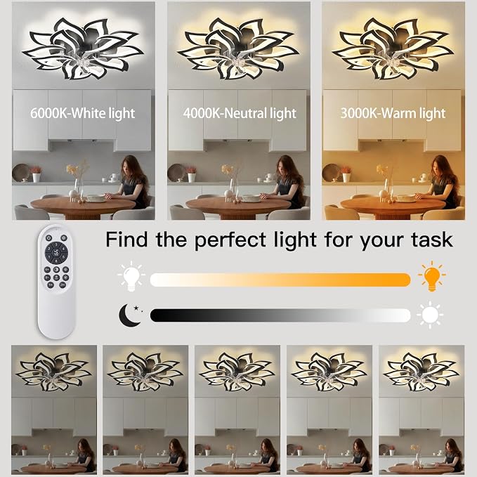 Dalouguan 35" Black Modern Ceiling Fan with Lights Remote Control, 6 Speeds 3 Light Color Low Profile Flush Mount Ceiling Fan for Kitchen Bedroom Living Room