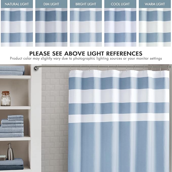 Madison Park Shower Curtain Waffle Weave Striped Pieced Design Fabric Shower Curtain Extra Long Premium Spa Quality Modern Shower Curtains for Bathroom Tall 72"x84" Blue