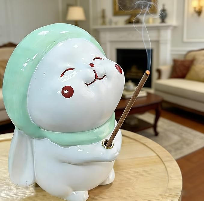 Cute Rabbit Incense Holder for Sticks – Resin Incense Stick Holder with Bamboo Ash Catcher,Perfect for Energy Cleansing,Yoga,Meditation,Zen Spaces, and Altar Decor