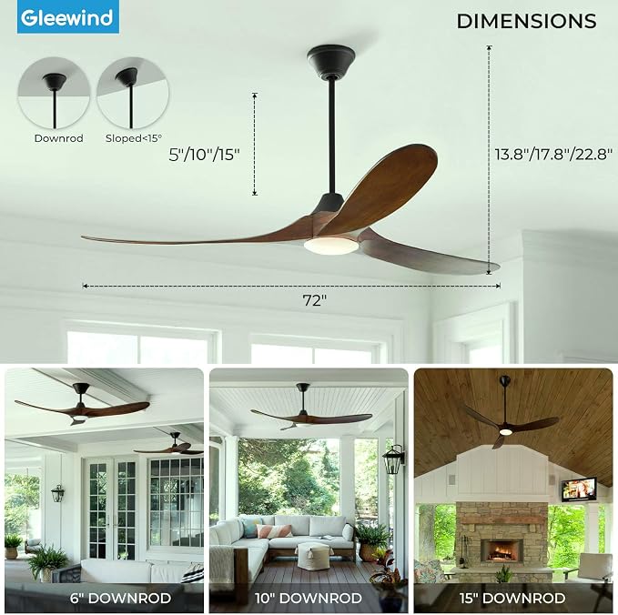 72 inch Outdoor Ceiling Fan with Lights-Glass Lamp, Large Damp Rated Wood Propeller Blades for Big Patios & Porch, Smart APP and Remote Control, 3 Blades Dimmable LED Ceiling Fans, High CFM-Walnut