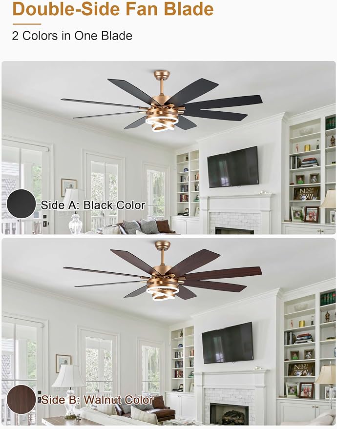 72 Inch Large Gold Modern Ceiling Fans with Lights | Remote, 6-speed reversible DC motor, dimmable, 3 adj rings; suitable for indoor/outdoor use, living room & kitchen.
