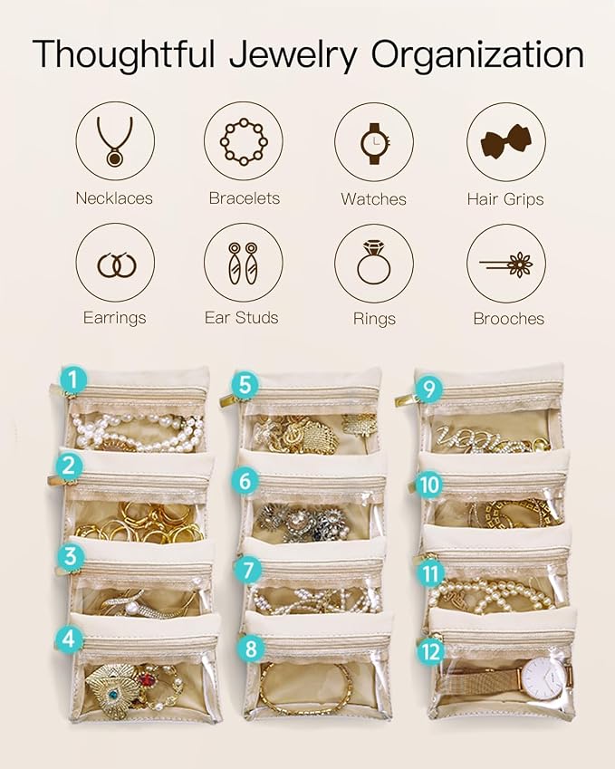 VLANDO Travel Jewelry Case,Jewelry Box with 12 Velvet Jewelry Pouch Jewelry Travel Organizer for Women Girl Jewelry Case Necklace Rings Earrings Bags Wedding Gifts (White)