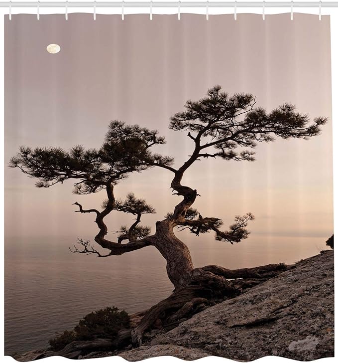 Ambesonne Tree Shower Curtain, Lonely Juniper Tree on Seaside Cliff Full Moon at Sunset Nature Theme Art Print, Cloth Fabric Bathroom Decor Set with Hooks, 69" W x 84" L, Brown Grey