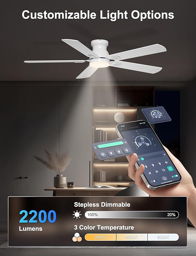 52'' Low Profile Ceiling Fan with Lights for Bedroom, Living Room | App/Remote Control, Flush Mount, Space-Saving, Quiet DC Motor, 3CCT Dimmable, 6 Speeds Modern Overhead Fan for Low Ceilings