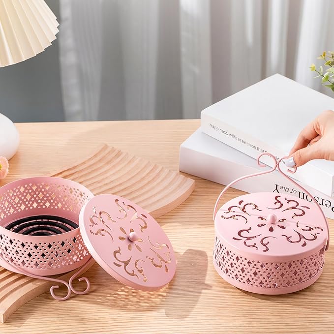 Lallisa Incense Coil Holder Sets, Round Metal Hanging Incense Burner with Handle and Lid, Portable Coil Burner Stand Container for Patio Camping Garden Home Indoor Outdoor Decor(Pink,2 Pcs)