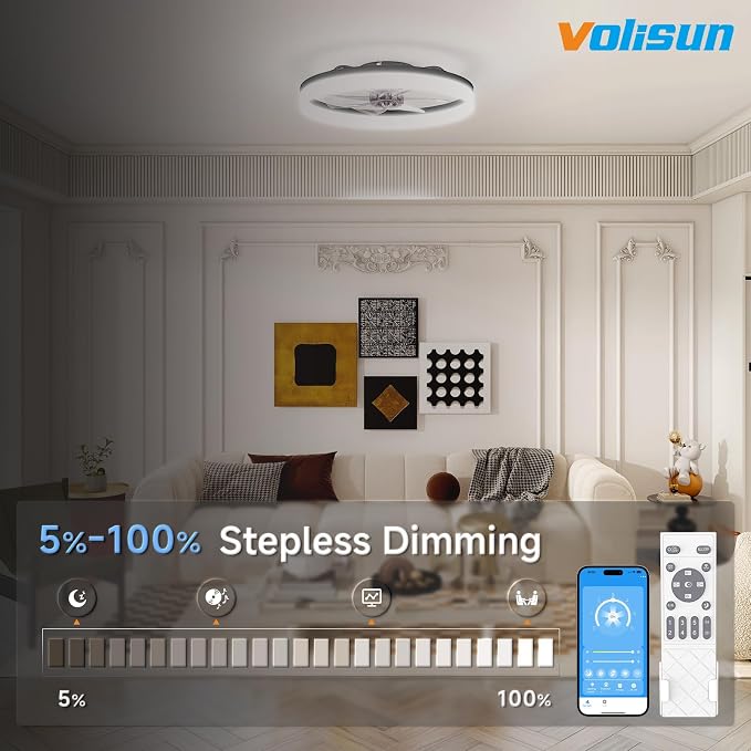 VOLISUN Low Profile Ceiling Fans with Lights and Remote, 23.6in Fandelier Ceiling Fan with Light, 3000K-6500K Dimmable Bladeless LED Fan Light, Black Flush Mount Ceiling Fans with Lights for Bedroom
