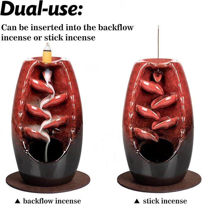 DAILYLIFE Backflow Incense Burner and Ceramic Incense Holder Waterfall, with 120 Mixed Backflow Incense Cones, 30 Incense Sticks, 1 Pad, Tweezer, Home Decor Aromatherapy Ornament, Red