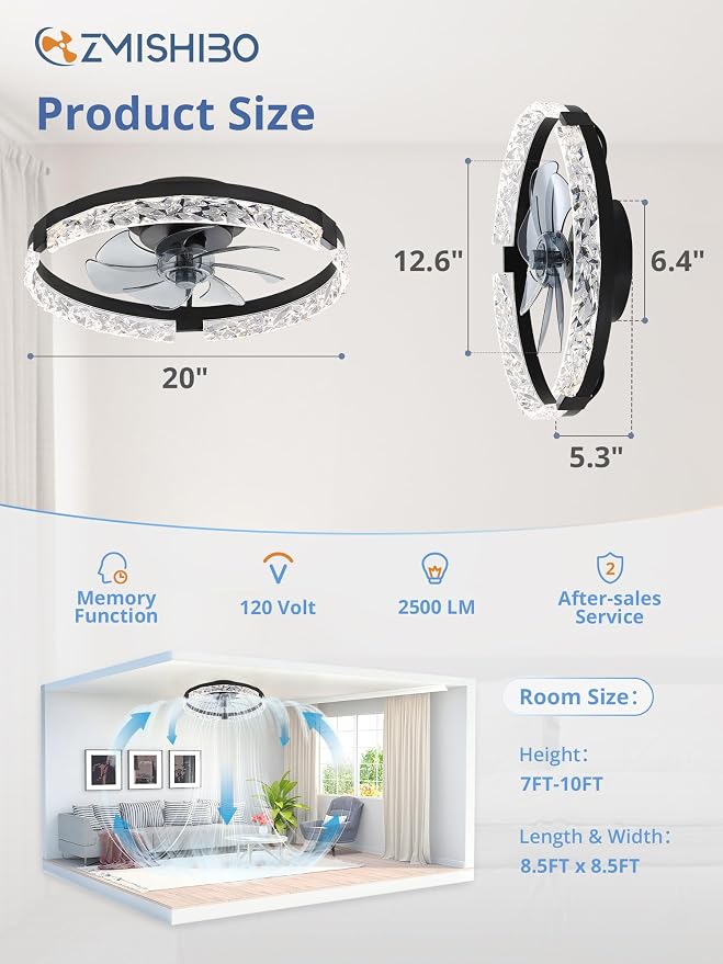 ZMISHIBO 19.7" Ceiling Fans with Lights, Low Profile Ceiling Fan and Remote, Flush Mount Ceiling Fans, Stepless Dimmable LED Light, Black Fixtures for Bedroom, Living Room