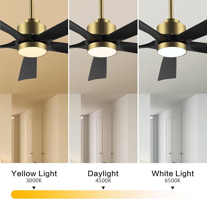 ELEHINSER 52" Modern Ceiling Fan with Light and Remote Control, 5 Solid Wood Blades 6-Speed Noiseless Reversible DC Motor, for Bedroom Dinning Living Room, Gold Finish with Black Blades