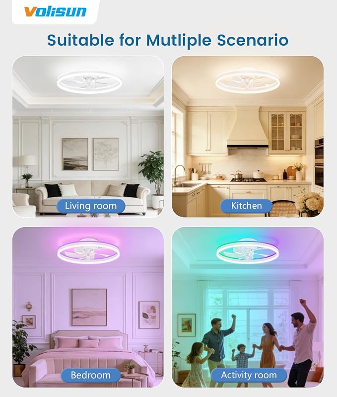 VOLISUN RGB Ceiling Fans with Lights and Remote, 20in Low Profile Ceiling Fans with Lights Flush Mount, 3000K-6500K Dimmable Fandelier LED Fan Light, White Bladeless Ceiling Fans for Bedroom