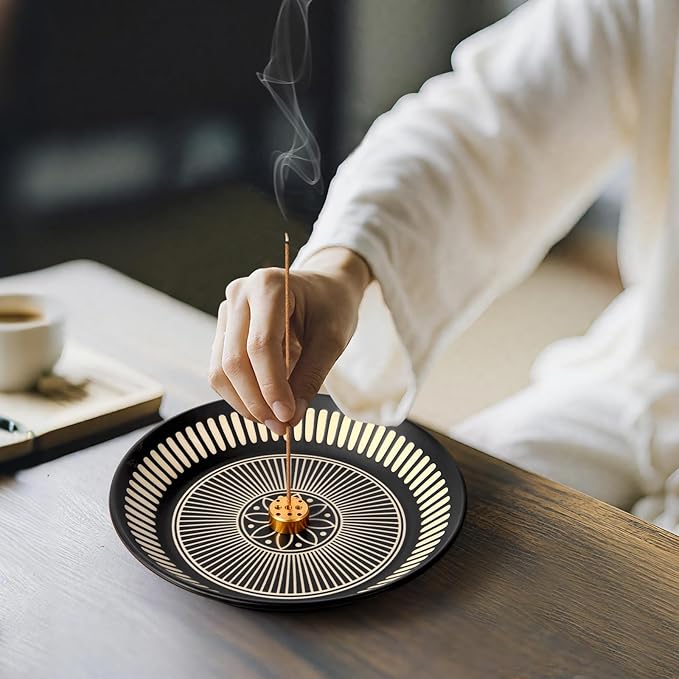 Incense Holder for Sticks, Palo Santo, Sage, 6.7" Incense Stick Holder with 9 Incense Holes, Ceramic Incense Holder with Ash Catcher for Meditation Yoga Relaxation Home Decor (Black)