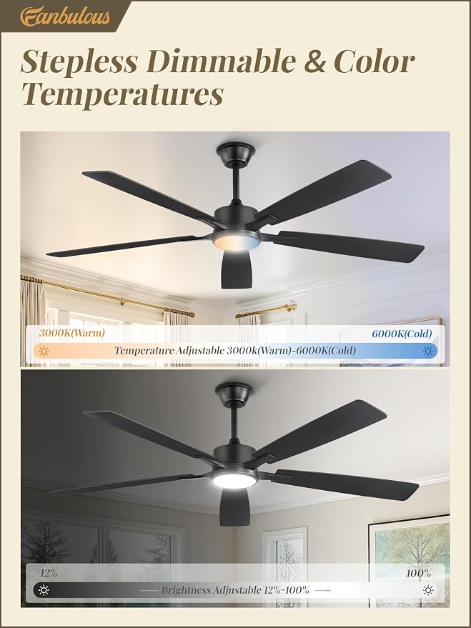 Fanbulous 60 Inch Ceiling Fans with Lights and Remote, Stepless Color Temperature Change & Dimmable 20W LED Ceiling Fan, 6 Speeds Reversible Quiet DC Motor for Bedroom, Living Room, Apartment,Black