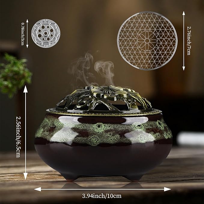 Handmade Ceramic Incense Burner with Metal Lid - Zen Meditation, Home Decor,Spiritual Gift, Durable & Elegant Design for Yoga, Altar, or Relaxation,Large Capacity Incense ash Catcher. (Fambe Green)
