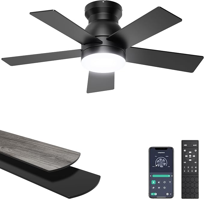 Ohniyou Ceiling Fans with Lights, 32 Inch Low Profile Ceiling Fan with Light and Remote/APP Control, Flush Mount, Dimmable, Quiet DC Motor, Black Small Indoor Ceiling Fan for Bedroom, Kitchen