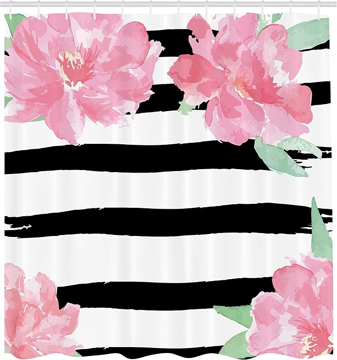 Ambesonne Floral Shower Curtain, Watercolor Peony Flowers with Black Brush Strokes Romantic Spring Print, Cloth Fabric Bathroom Decor Set with Hooks, 69" W x 70" L, Pink White