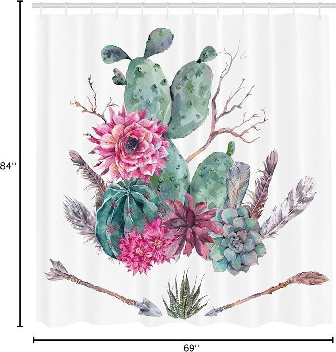 Ambesonne Cactus Shower Curtain, Exotic Natural Vintage Style Watercolor Bouquet Bohemian Arizona Vegetation, Cloth Fabric Bathroom Decor Set with Hooks, 69" W x 84" L, Green Pink Brown