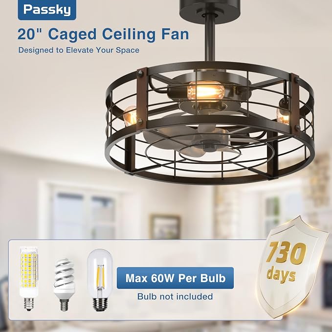 Passky 20 Inch Farmhouse Caged Ceiling Fans with Lights and Remote, Black Downrod Mount Bladeless Fandelier, 6 Speeds Bladeless Ceiling Fan Light for Bedroom, Kitchen, Living Room, Indoor