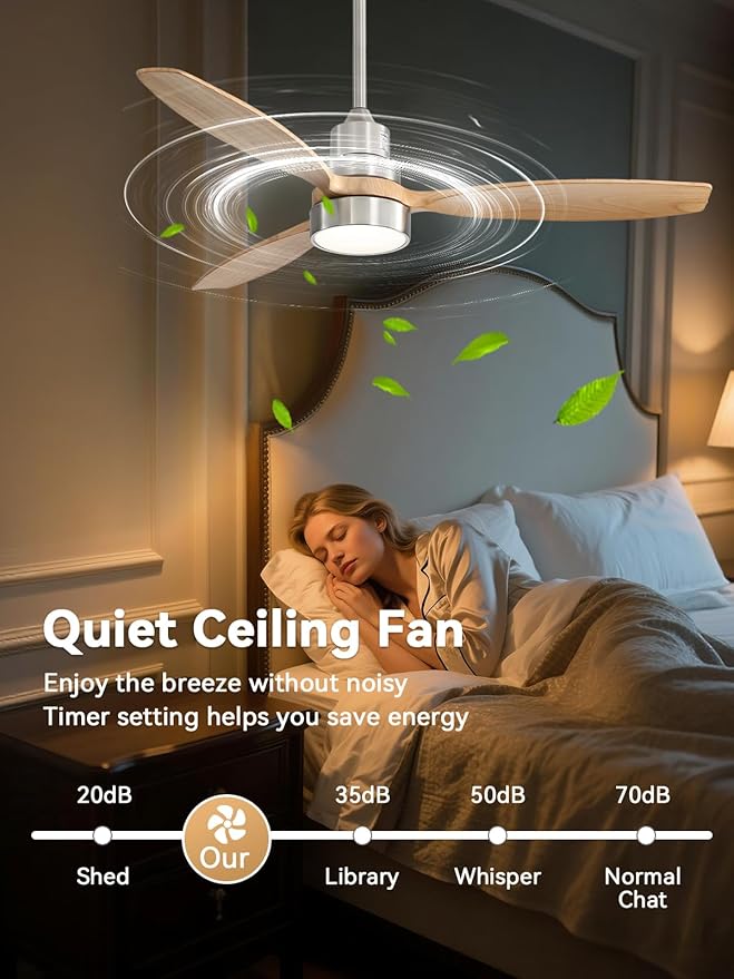 Sofucor Ceiling Fan with Lights, 52 Inch Low Profile Flush Mount Mordern Wood Ceiling Fan with Remote for Indoor Farmhouse Bedroom Living Room Outdoor Patio Porch, Reversible DC Motor, Noiseless