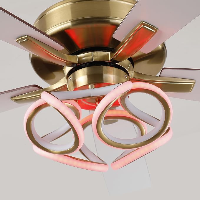52" Gold Ceiling Fans with Lights and Remote/APP, RGB Color Changing LED Lighting Ceiling Fan, Indoor Outdoor Modern Luxury White and Gold Ceiling Fan for Living Room, Bedroom, 3CCT, 6 Speeds