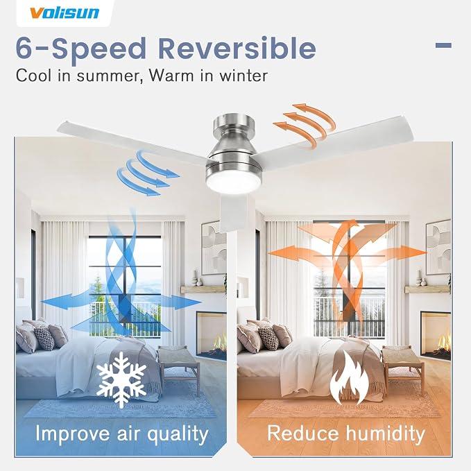 VOLISUN Ceiling Fans with Lights Flush Mount, 42 inch Low Profile Ceiling Fan with Light and Remote, Queit & Reversible Motor,3CCT, Dimmable, Modern Ceilings Fans for Bedroom, Living Room(Nickel)