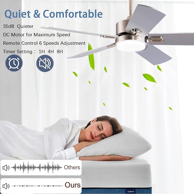 QUTWOB 52" Ceiling Fans with Light and Remote,Farmhouse 5 Blades Quiet Reversible DC Motor Ceiling Fans for Modern Indoor/Outdoor/Patio/Living Room/Bedroom(Silver/burlywood)