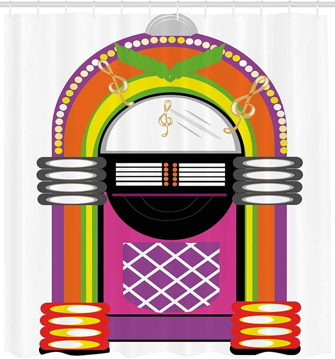 Ambesonne Jukebox Shower Curtain, Cartoon Vivid Design Vintage Music Notes Radio Box Art, Cloth Fabric Bathroom Decor Set with Hooks, 69" W x 84" L, Orange Purple and Green