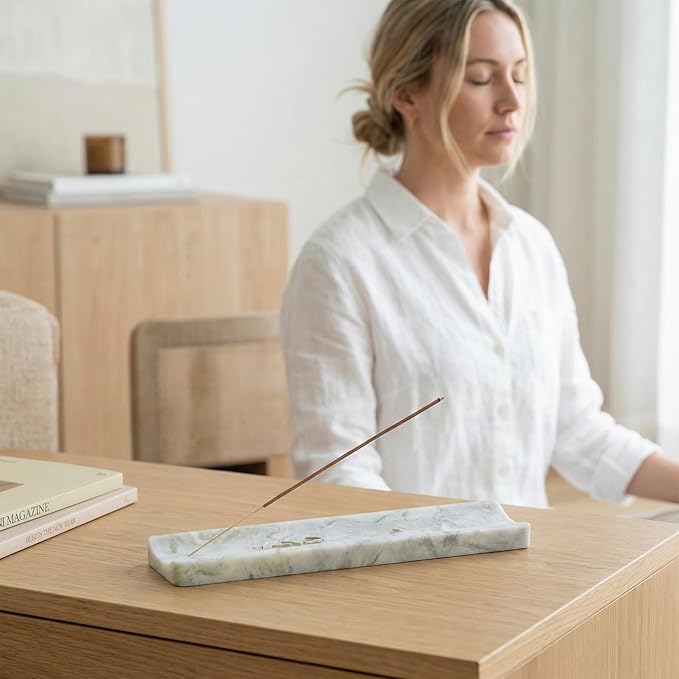 Marble Incense Holder Burner-Natural Stone Stick Incense Tray with Ash Catcher，20 Sticks & Brush - Elegant Decor for Meditation, Yoga, Home,Gift(White Green)
