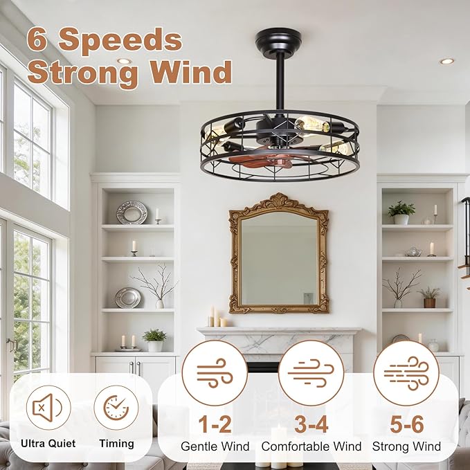 TCL 20 Inch Caged Ceiling Fans with Lights and Remote, Low Profile Flush Mount Fandelier, Rustic Farmhouse Style Ceiling Fans for Bedroom,Kitchen,Living Room,Easy to Install