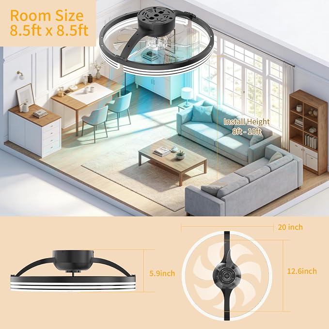 Ceiling Fans with Lights and Remote, 20" Low Profile Flush Mount Ceiling Fan, 3000-6500K Dimmable LED Fandelier, 6 Quiet Speeds for Bedroom
