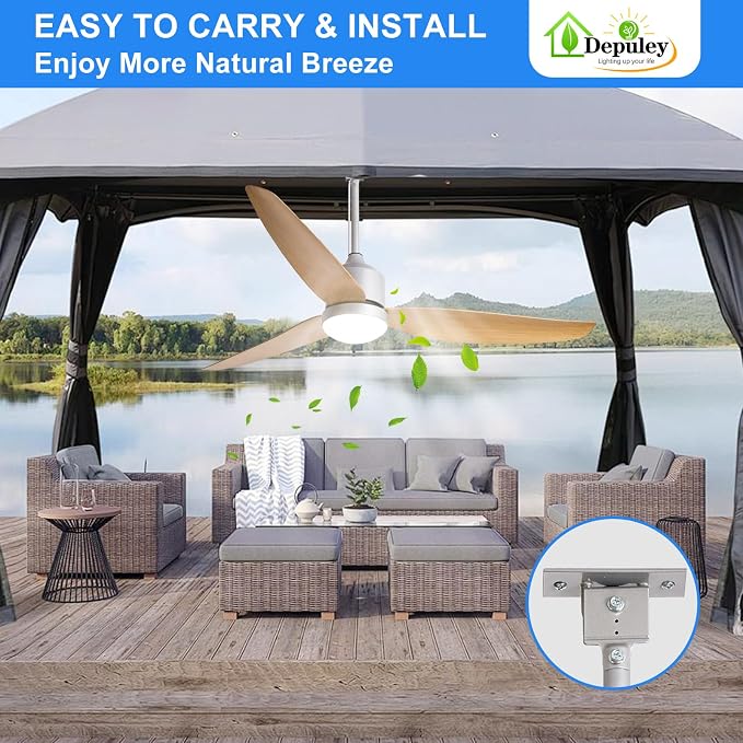 Depuley Outdoor Ceiling Fan with Light: 52 Inch Nickel Waterproof Gazebo Fans with Lights Outdoor Hanging - Plug in Remote App Control for Patio Indoor Farmhouse Porch - 6 Speed Reversible DC Motor