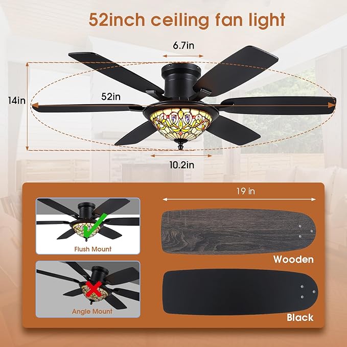 Tiffany Ceiling Fans with Lights - 52" Ceiling Fan Chandelier with Stained Glass Shade, 6 Speeds Reversible 6 Dual-Blades, Flush Mount, 3 CCT Dimmable LED Lights, Remote & APP Control, Vintage Style