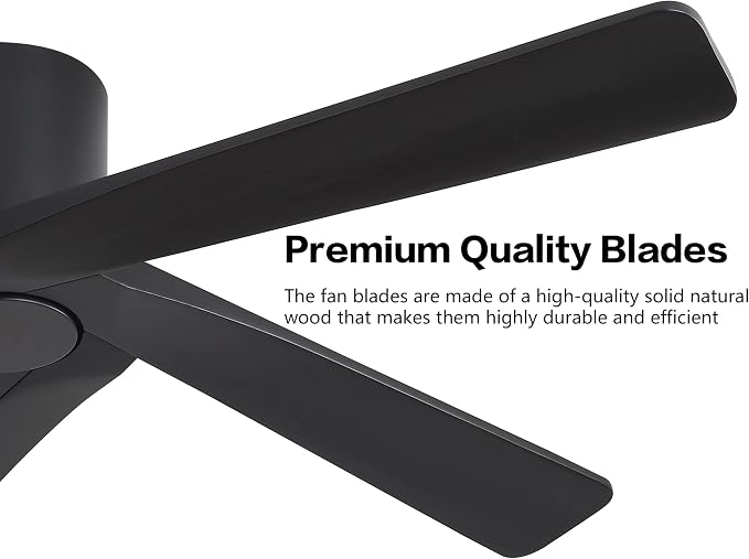 WINGBO 54 Inch Flush Mount DC Ceiling Fans without Lights, 5 Carved Solid Wood Blades, 6-Speed Reversible DC Motor, Low Profile Hugger Ceiling Fan No Lights for Indoor and Outdoor, Matte Black