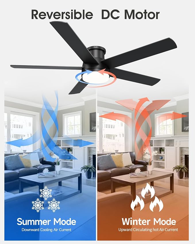 52 Inch Flush Mount Black Ceiling Fan with Light and Remote | 6-Speed Quiet Reversible DC Motor, Dimmable 3CCT LED, 3 Timing Settings, 5-Blade Modern Design, Indoor or Covered Outdoor Use