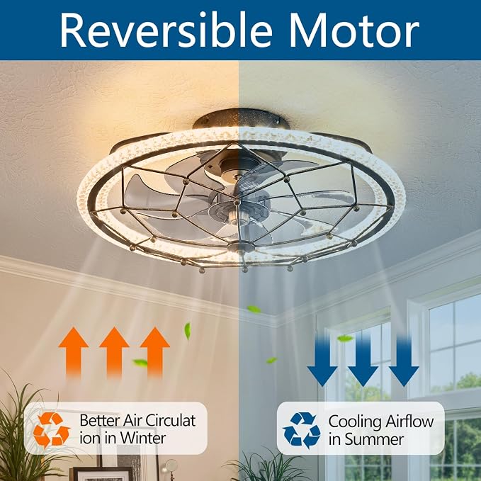 Dalouguan Rustic Black Ceiling Fan with Light, Farmhouse Chemistry Molecular Model Caged Ceiling Fan with Remote, LED Low Profile Ceiling Light for Bedroom Kitchen Living Room