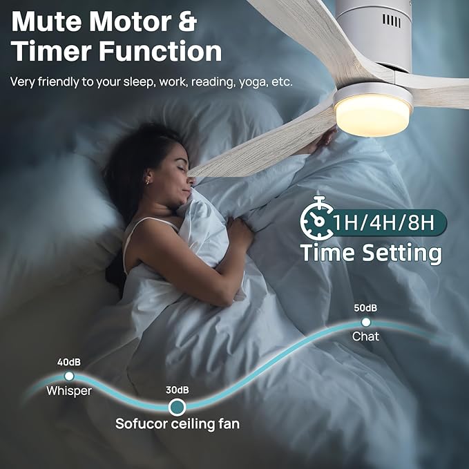 Sofucor 52 Inch Flush Mount Ceiling Fan with Lights and Remote, Grey | Solid Wood Low Profile Ceiling Fans, 3CCT Dimmable 6 Speed Timing Noiseless LED Ceiling Fan, Bedroom/Farmhouse/Patio/Indoor