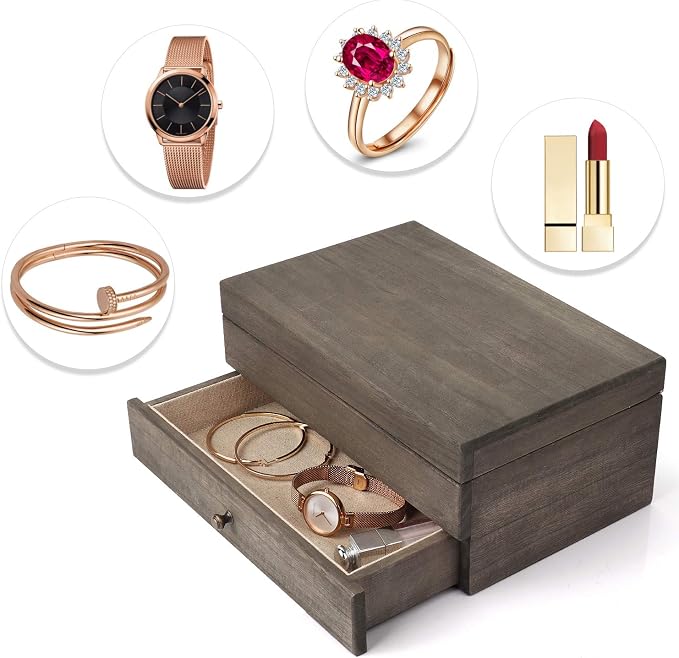 Meangood Jewelry Box Organizer for Women, 2 Layer Large Jewelry Storage Case, Rustic Wooden Jewelry Box with Mirror & Ring Tray for Necklace Earring Bracelets Rings, Vintage Style (Weathered Grey)