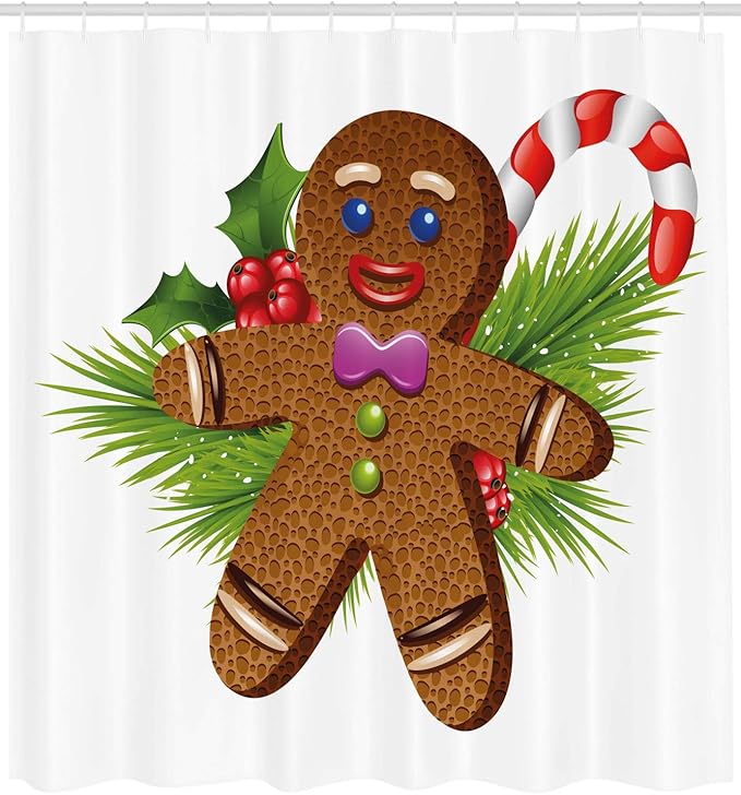 Ambesonne Gingerbread Man Shower Curtain, Tasty Pastry on Coniferous Branches Candy Cane and Holly Berry, Cloth Fabric Bathroom Decor Set with Hooks, 69" W x 75" L, Brown Green
