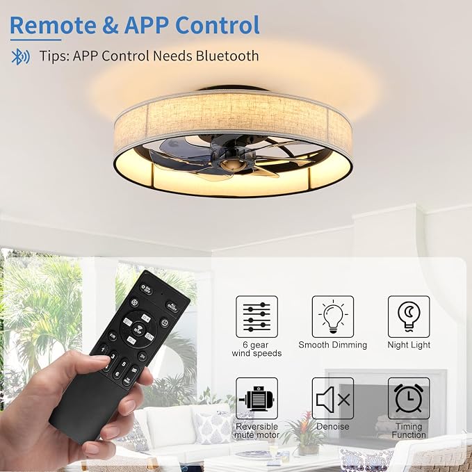 19.6" Flush Mount Caged Ceiling Fan with Light and Remote,Boho Farmhouse Bladeless Fabric Design, Dimmable LED 3 Colors,6 Speeds, Low Profile fandaliers Ceiling Fan for Bedroom Living Room