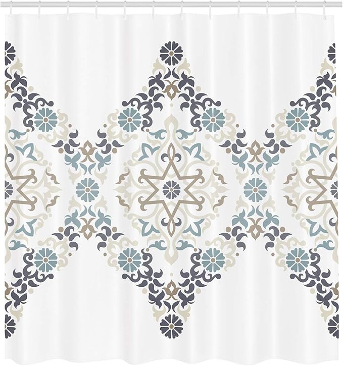 Ambesonne Ethnic Shower Curtain, Ottoman Mosaics in Tones Royal Revival Victorian Palace Inspired Retro Print, Cloth Fabric Bathroom Decor Set with Hooks, 69" W x 84" L, Blue Grey
